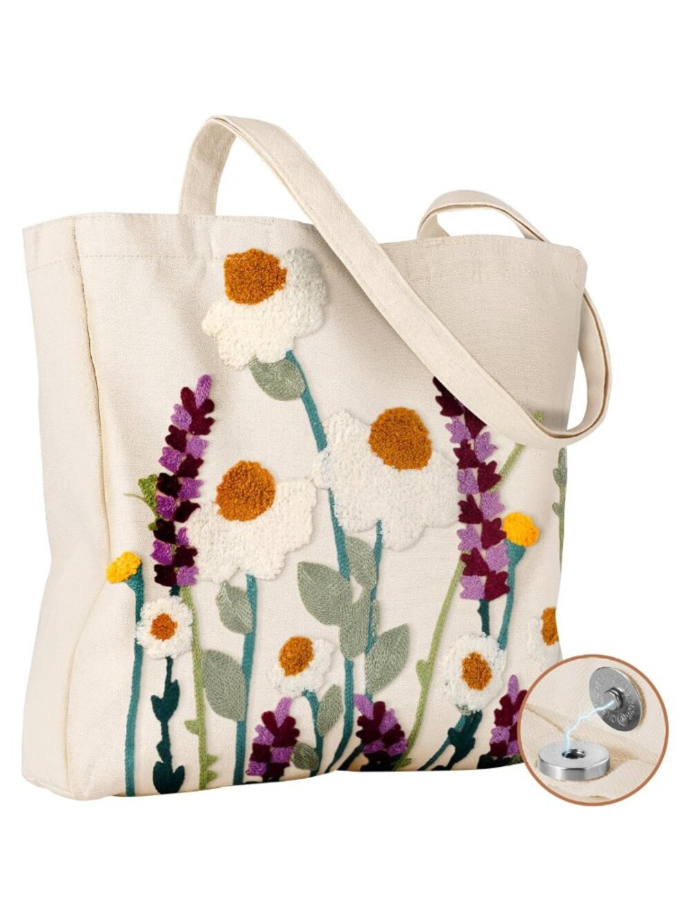Canvas Tote Bag Embroidered Cotton Reusable Grocery Shoulder Bag
